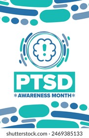 PTSD Awareness Month in June. Post Traumatic Stress Disorder. Celebrated annual in United States. Medical health care and awareness design. Poster, card, banner and background. Vector illustration