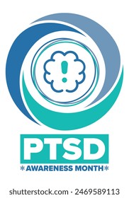 PTSD Awareness Month in June. Post Traumatic Stress Disorder. Celebrated annual in United States. Medical health care and awareness design. Poster, card, banner and background. Vector illustration