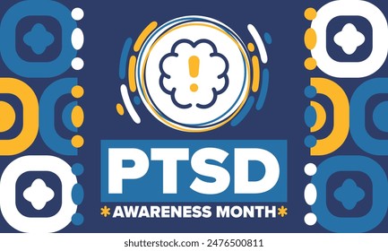 PTSD Awareness Month in June. Post Traumatic Stress Disorder. Celebrated annual in United States. Medical health care and awareness design. Poster, card, banner and background. Vector illustration