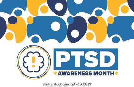 PTSD Awareness Month in June. Post Traumatic Stress Disorder. Celebrated annual in United States. Medical health care and awareness design. Poster, card, banner and background. Vector illustration