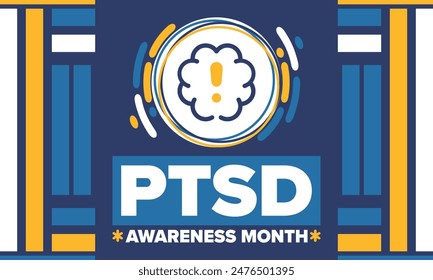 Mes de Concientización del PTSD en junio. Trastorno De Estrés Postraumático. Celebrado anualmente en Estados Unidos. Diseño de atención médica y concientización. Cartel, tarjeta, Anuncio y fondo. Ilustración vectorial