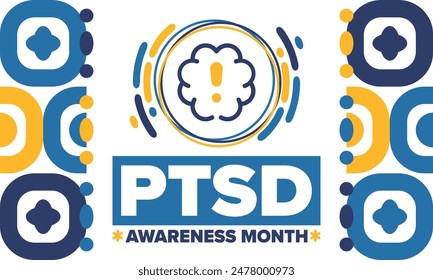 Mes de Concientización del PTSD en junio. Trastorno De Estrés Postraumático. Celebrado anualmente en Estados Unidos. Diseño de atención médica y concientización. Cartel, tarjeta, Anuncio y fondo. Ilustración vectorial