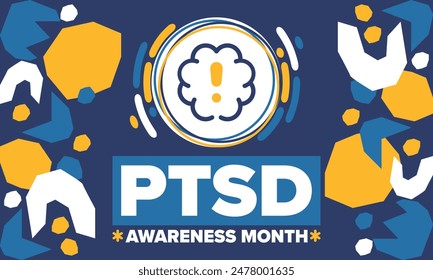 Mes de Concientización del PTSD en junio. Trastorno De Estrés Postraumático. Celebrado anualmente en Estados Unidos. Diseño de atención médica y concientización. Cartel, tarjeta, Anuncio y fondo. Ilustración vectorial