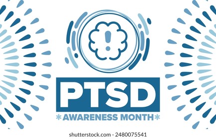 Mes de Concientización del PTSD en junio. Trastorno De Estrés Postraumático. Celebrado anualmente en Estados Unidos. Diseño de atención médica y concientización. Cartel, tarjeta, Anuncio y fondo. Ilustración vectorial