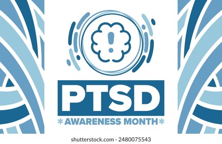 PTSD Awareness Month in June. Post Traumatic Stress Disorder. Celebrated annual in United States. Medical health care and awareness design. Poster, card, banner and background. Vector illustration