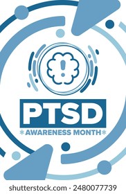 PTSD Awareness Month in June. Post Traumatic Stress Disorder. Celebrated annual in United States. Medical health care and awareness design. Poster, card, banner and background. Vector illustration