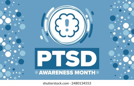 PTSD Awareness Month in June. Post Traumatic Stress Disorder. Celebrated annual in United States. Medical health care and awareness design. Poster, card, banner and background. Vector illustration