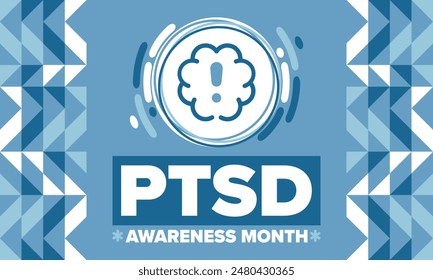 Mes de Concientización del PTSD en junio. Trastorno De Estrés Postraumático. Celebrado anualmente en Estados Unidos. Diseño de atención médica y concientización. Cartel, tarjeta, Anuncio y fondo. Ilustración vectorial