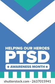 PTSD Awareness Month in June. Post Traumatic Stress Disorder. Celebrated annual in United States. Medical health care and awareness design. Poster, card, banner and background. Vector illustration
