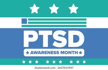 PTSD Awareness Month in June. Post Traumatic Stress Disorder. Celebrated annual in United States. Medical health care and awareness design. Poster, card, banner and background. Vector illustration