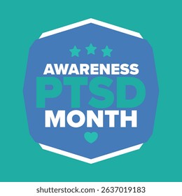 PTSD Awareness Month in June. Post Traumatic Stress Disorder. Celebrated annual in United States. Medical health care and awareness design. Poster, card, banner and background. Vector illustration