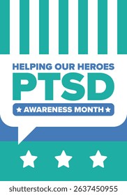 PTSD Awareness Month in June. Post Traumatic Stress Disorder. Celebrated annual in United States. Medical health care and awareness design. Poster, card, banner and background. Vector illustration