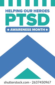 PTSD Awareness Month in June. Post Traumatic Stress Disorder. Celebrated annual in United States. Medical health care and awareness design. Poster, card, banner and background. Vector illustration