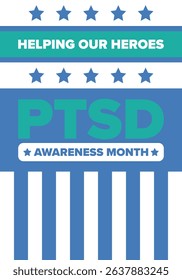PTSD Awareness Month in June. Post Traumatic Stress Disorder. Celebrated annual in United States. Medical health care and awareness design. Poster, card, banner and background. Vector illustration