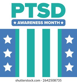 PTSD Awareness Month in June. Post Traumatic Stress Disorder. Celebrated annual in United States. Medical health care and awareness design. Poster, card, banner and background. Vector illustration