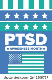 PTSD Awareness Month in June. Post Traumatic Stress Disorder. Celebrated annual in United States. Medical health care and awareness design. Poster, card, banner and background. Vector illustration