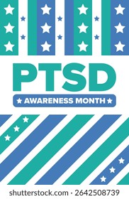 PTSD Awareness Month in June. Post Traumatic Stress Disorder. Celebrated annual in United States. Medical health care and awareness design. Poster, card, banner and background. Vector illustration