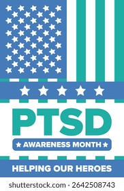 PTSD Awareness Month in June. Post Traumatic Stress Disorder. Celebrated annual in United States. Medical health care and awareness design. Poster, card, banner and background. Vector illustration