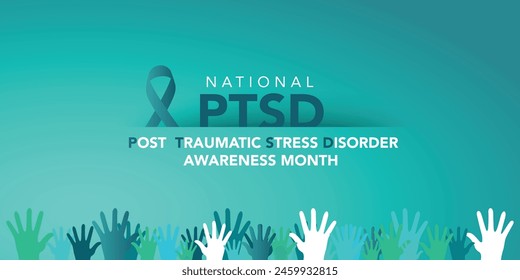PTSD Awareness Month. National Post Traumatic Stress Disorder Month in June. Vector banner, poster, card for social media. The horizontal composition. Takes place in the United States.