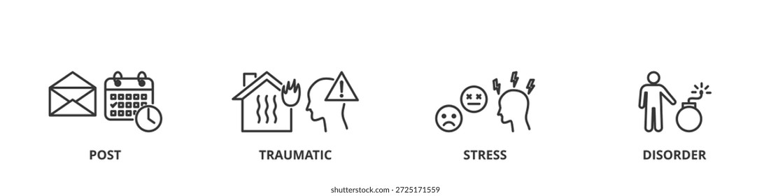 PTSD conceito de ilustração vetorial com ícones de pós, traumático, estresse e transtorno