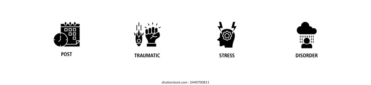 PTSD banner web icon set vector illustration concept of post, traumatic, stress and disorder with icon of calendar, time, rocket attack, war, house on flame, headache and disability