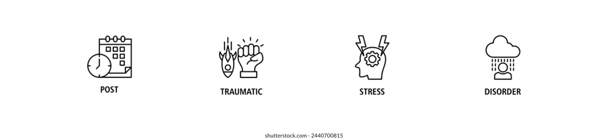 PTSD banner web icon set vector illustration concept of post, traumatic, stress and disorder with icon of calendar, time, rocket attack, war, house on flame, headache and disability