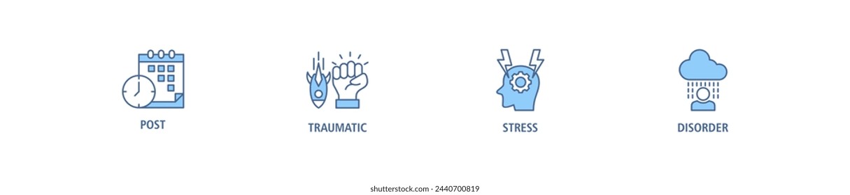 PTSD banner web icon set vector illustration concept of post, traumatic, stress and disorder with icon of calendar, time, rocket attack, war, house on flame, headache and disability