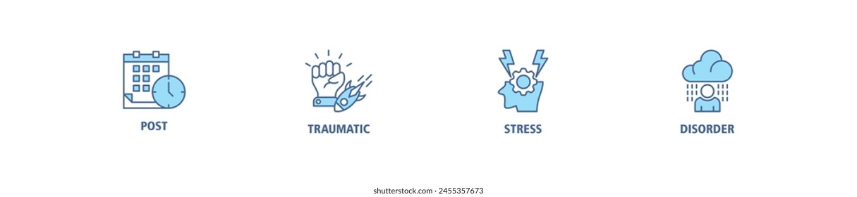 PTSD banner web icon set vector illustration concept of post, traumatic, stress and disorder with icon of calendar, time, rocket attack, war, house on flame, headache and disability