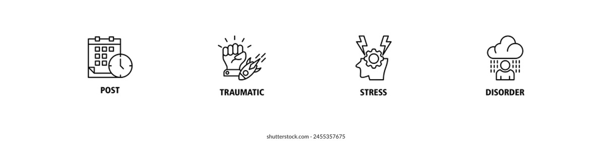 El ícono del Web de Anuncio del trastorno de estrés postraumático establece el concepto de Ilustración vectorial de post, traumático, estresante y desorden con el ícono del calendario, tiempo, ataque de cohetes, guerra, casa en llamas, dolor de cabeza y discapacidad