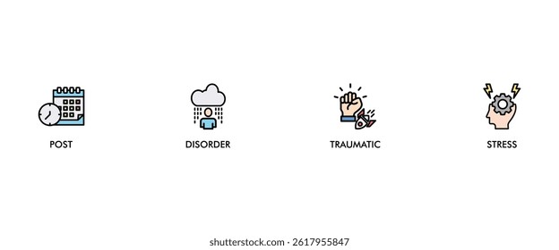 PTSD banner web icon set vector illustration concept of post, traumatic, stress and disorder with icon of calendar, time, rocket attack, war, house on flame, headache and disability