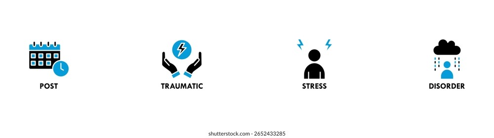 PTSD banner web icon set vector illustration concept of post, traumatic, stress and disorder with icon of calendar, time, rocket attack, war, house on flame, headache and disability