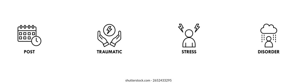 PTSD Anuncio Web icono conjunto concepto de Ilustración vectorial de post, traumático, estrés y trastorno con ícono de calendario, tiempo, ataque con cohetes, guerra, casa en llamas, dolor de cabeza y discapacidad