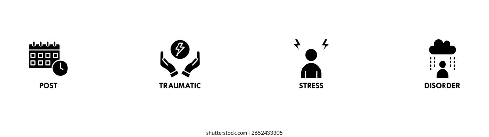 PTSD banner web icon set vector illustration concept of post, traumatic, stress and disorder with icon of calendar, time, rocket attack, war, house on flame, headache and disability