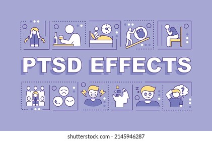 PTSD effects word concepts purple banner. Unhealthy mental condition. Infographics with icons on color background. Isolated typography. Vector illustration with text. Arial-Black font used