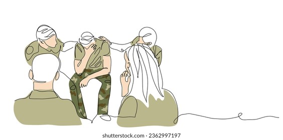 ptsd group session vector illustration. Veterans, soldiers with post traumatic stress disorder during rehabilitation group therapy. One continuous line art drawing.