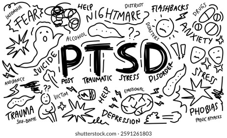 PTSD and Mental Disorder Doodle – Symbolic Illustration of Psychological Struggles