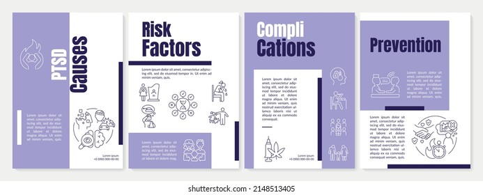 PTSD mental issue word concepts purple banner. Reaction on stress. Infographics with icons on color background. Isolated typography. Vector illustration with text. Anton, Lato-Regular fonts used