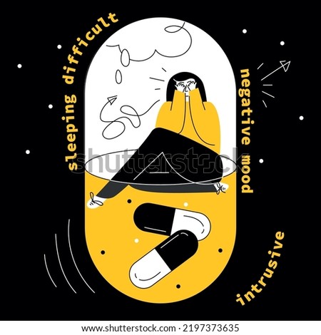 PTSD, OCD concept with  person inside pill has symptoms intrusive thoughts, fear, neurosis panic attack. Vector illustration with girl syndrome obsessive compulsive disordeyr or post traumatic stress.