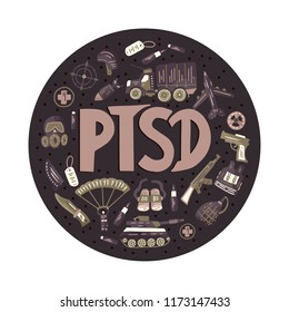 PTSD. Post traumatic stress disorder round vector illustration with military signs - parachute, tank, weapon, airplane, bomb, car; gas mask, automatic. Mental health consept.