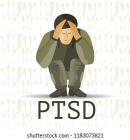 PTSD. Posttraumatische Belastungsstörung, Vektorgrafik. Psychisches Gesundheitskonzept mit Soldaten in Stress.