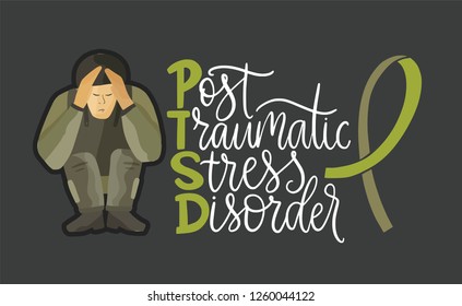 PTSD. Post traumatic stress disorder vector illustration. Mental health consept with soldier in stress and hand drawn lettering quote. Psychological trauma.