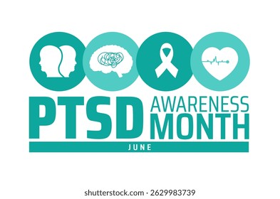PTSD Pós transtorno de estresse traumático Conscientização Mês de fundo banner ou modelo de design de cartaz. observado todos os anos em junho. Conceito de férias. Use para qualquer modelo, cartão, cartaz, cartaz, modelo.