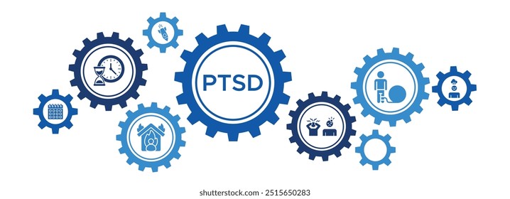 PTSD (Trastorno de estrés postraumático) Concepto de Vector de Anuncio de conciencia con iconos para la guerra, el trauma, los dolores de cabeza y la discapacidad