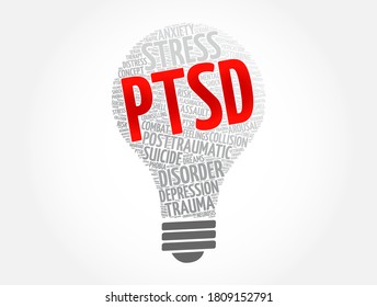 PTSD - Trastorno por estrés postraumático Bombilla de luz de nube de palabras, fondo de concepto de salud
