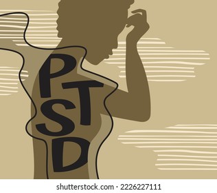 PTSD - posttraumatische Belastungsstörung. Psychische Störung nach einer Person ist einem traumatischen Ereignis ausgesetzt. Traurige Frau mit verwirrenden Gedanken. Vektorkonzept