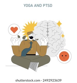 PTSD prevention concept. A first responder practices yoga to alleviate stress and maintain mental health. Mindfulness and healing through meditation. Vector illustration.