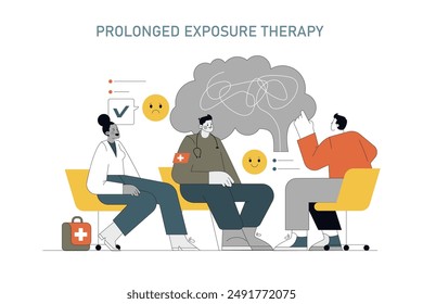 PTSD prevention concept. First responders in therapy session embracing exposure treatment. Counseling for mental health resilience. Vector illustration.