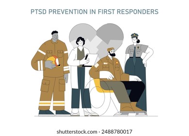 PTSD prevention concept. Illustration of first responders focused on mental health support and proactive stress management. Unity and resilience among emergency crews. Vector illustration.