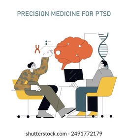 PTSD prevention concept. Military person consulting with a healthcare professional on targeted treatments. Mental health care with a personalized approach. Vector illustration.