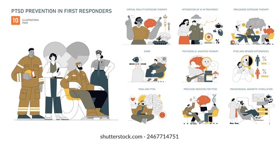 PTSD Prevention set for first responders. Therapies include VR, AI integration, psychedelics, EMDR, and yoga. Gender differences in treatment highlighted. Vector illustration.